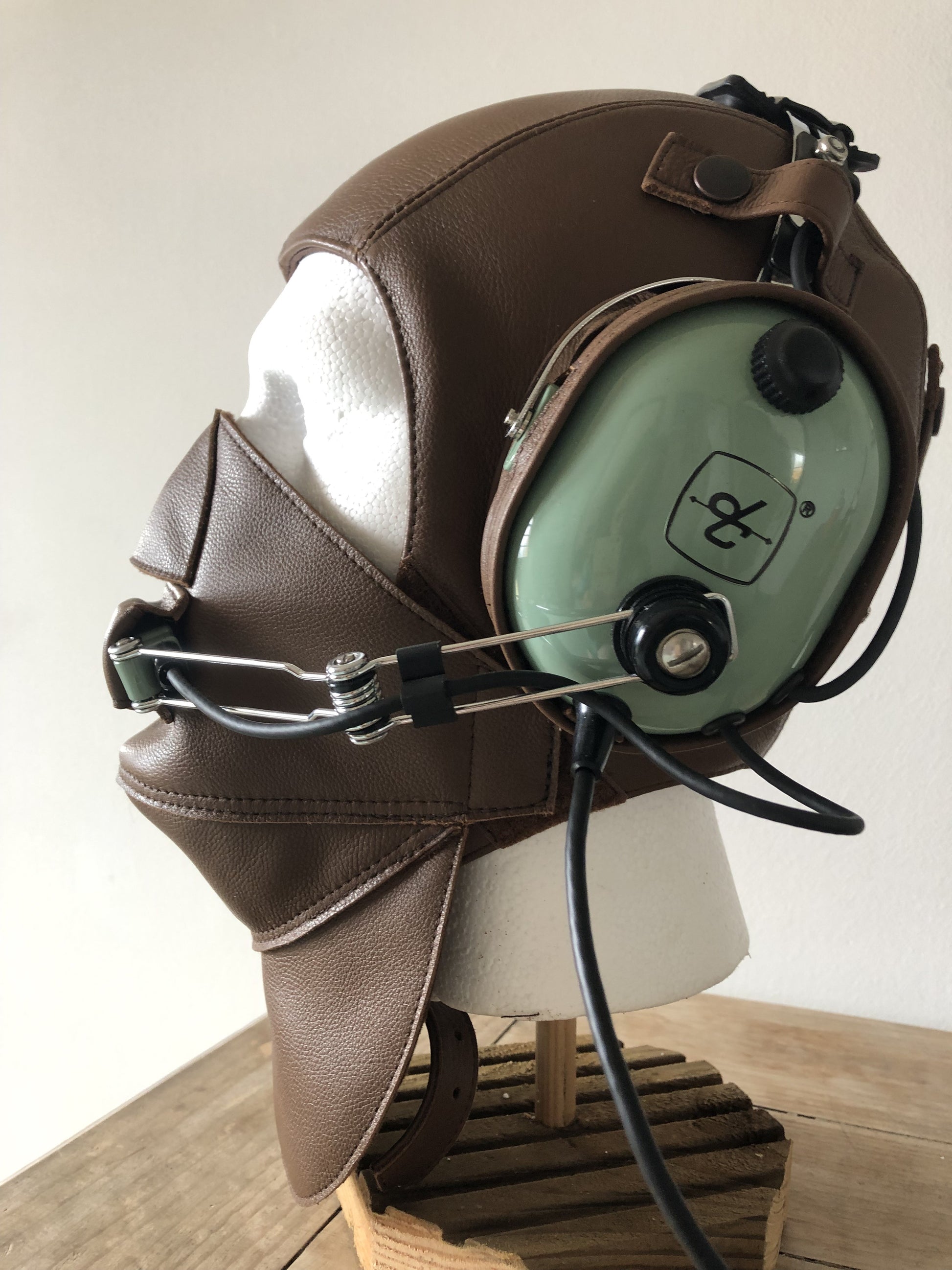 L13a Pilot Leather David Clark Coffee Brown with Mask Open Cockpit Helmet - Leather Driving Helmets