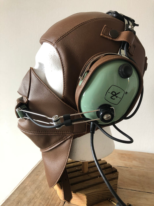 L13a Pilot Leather David Clark Coffee Brown with Mask Open Cockpit Helmet - Leather Driving Helmets