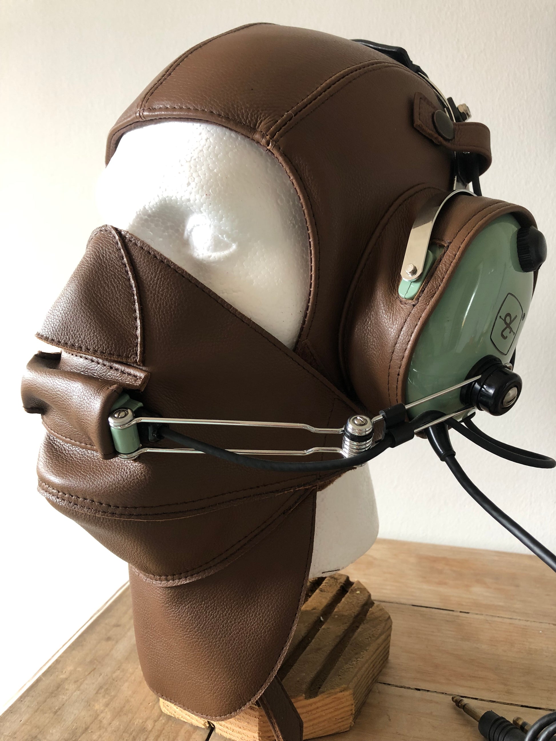 L13a Pilot Leather David Clark Coffee Brown with Mask Open Cockpit Helmet - Leather Driving Helmets