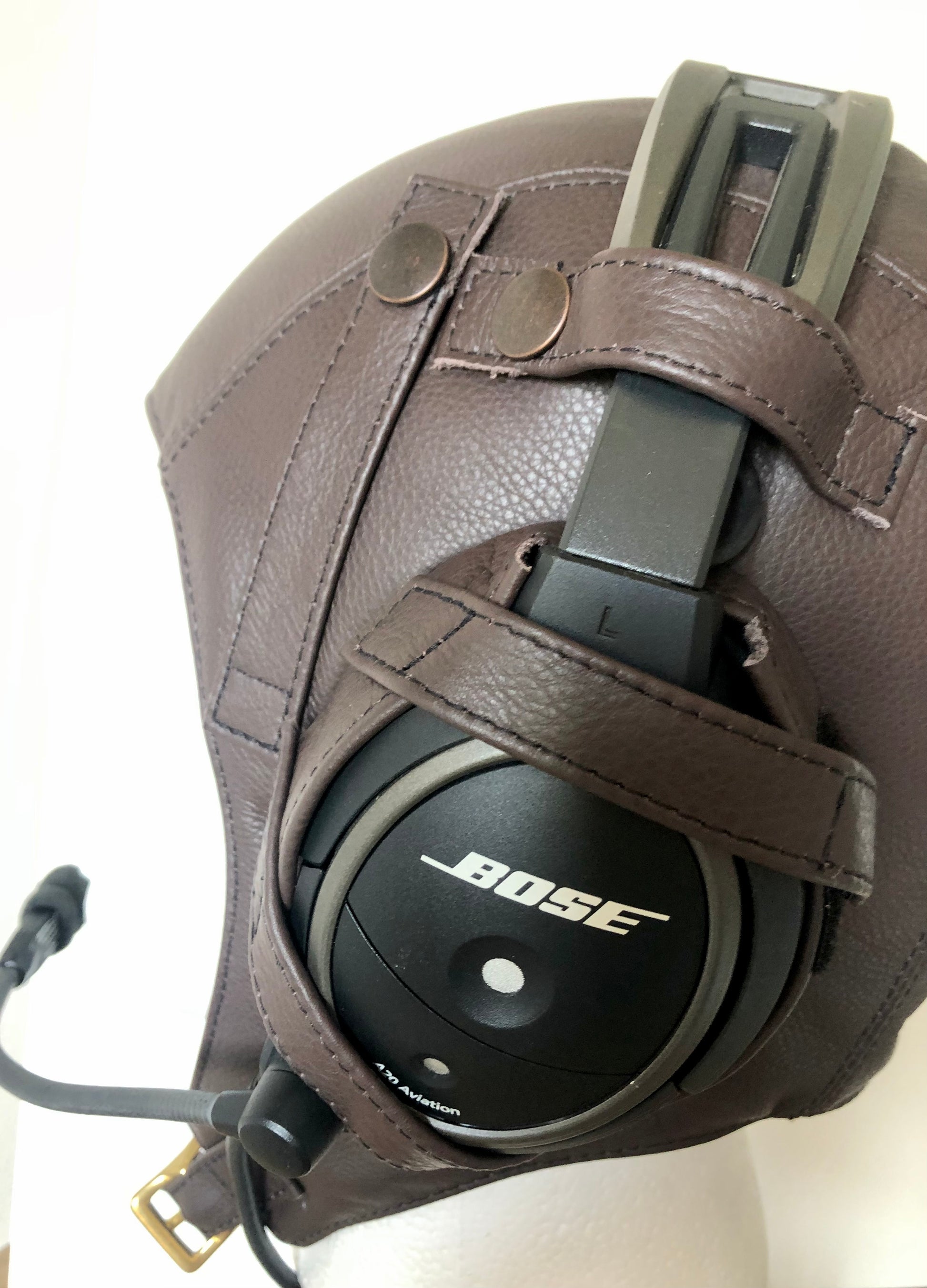 L14b Pilot Leather Bose Open Cockpit Helmet & Extra Goggle Straps - Leather Driving Helmets