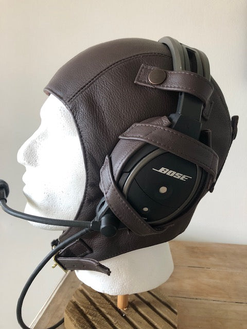 L14a Pilot Leather Bose Open Cockpit Helmet Dark Brown - Leather Driving Helmets