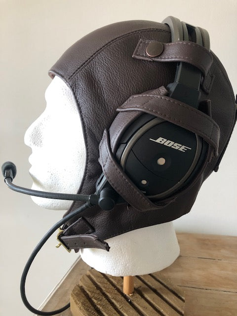 L14a Pilot Leather Bose Open Cockpit Helmet Dark Brown - Leather Driving Helmets