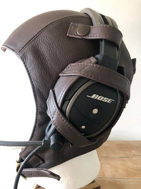 L14a Pilot Leather Bose Open Cockpit Helmet Dark Brown - Leather Driving Helmets