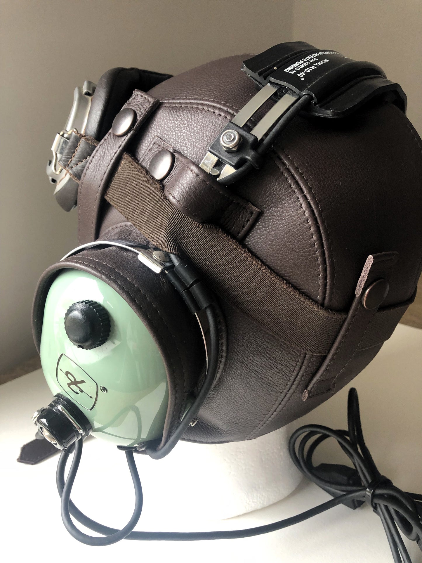 L13b Pilot Leather David Clark Open Cockpit Helmet & Extra Goggle Straps Dark Brown - Leather Driving Helmets