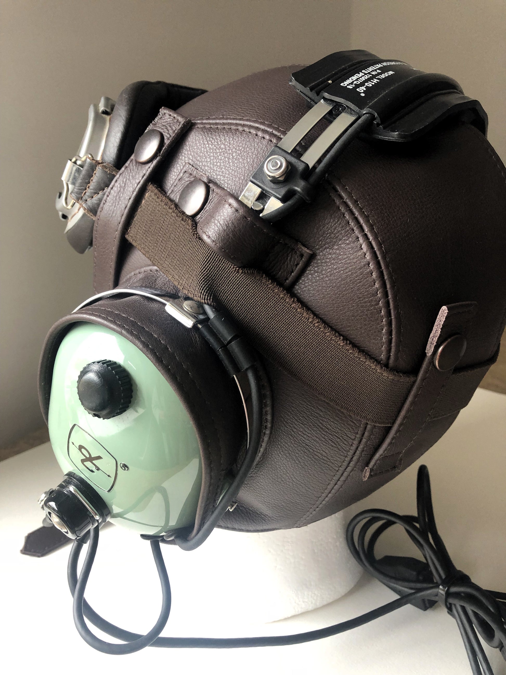 L13b Pilot Leather David Clark Open Cockpit Helmet & Extra Goggle Straps Dark Brown - Leather Driving Helmets