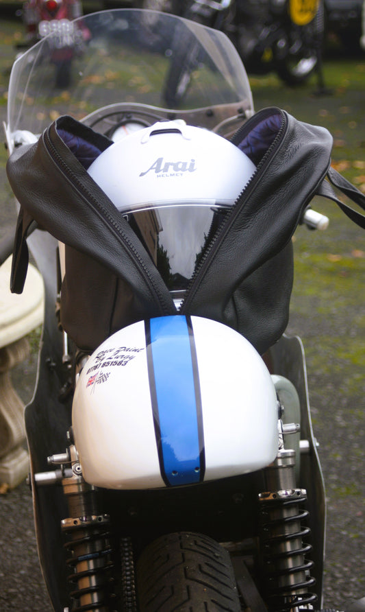 Black Leather crash helmet bag on Honda Race bike