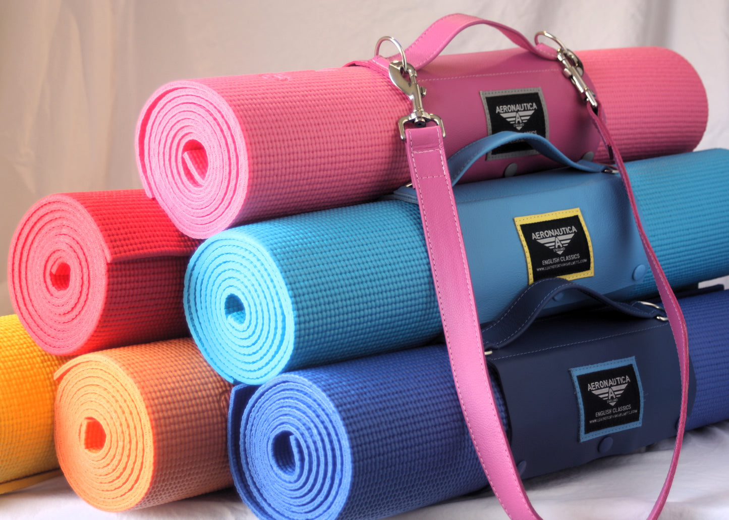 Pink, blue, red, orange, yellow Coloured Leather Yoga Mat Holder