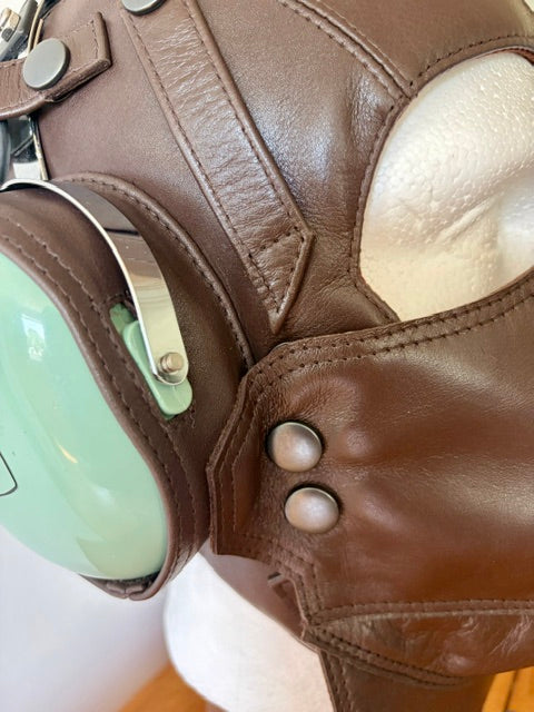 Close up of Leather pilot helmet with mask dark brown quality product