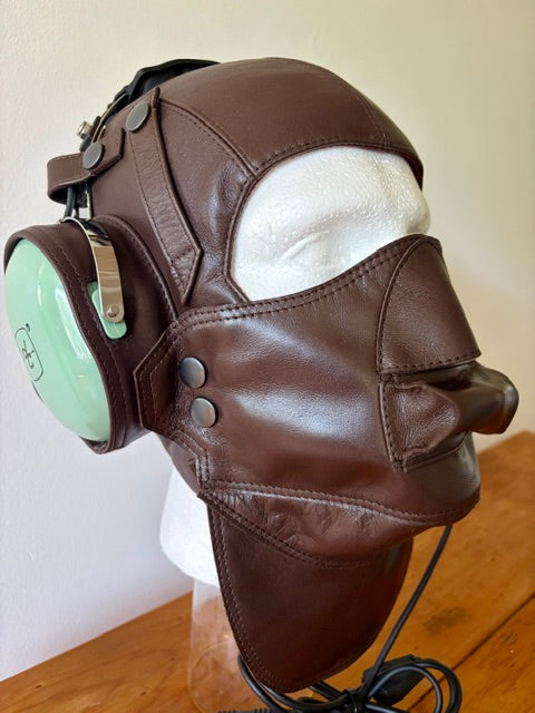 Leather pilot helmet with mask dark brown quality product