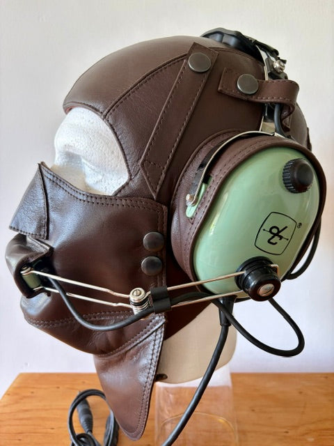 Leather pilot helmet with mask dark brown quality product 