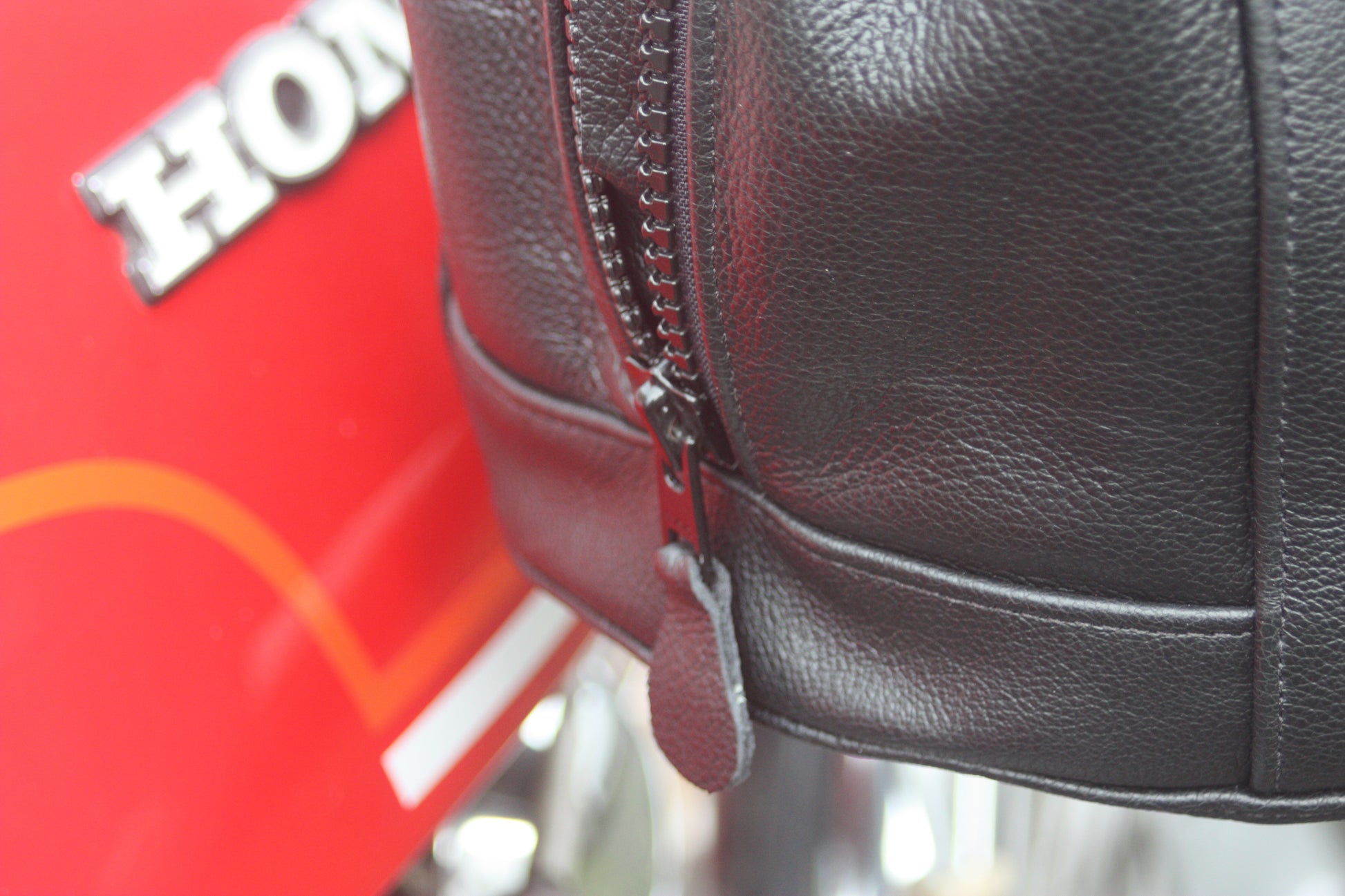 Close-up of leather helmet bag 