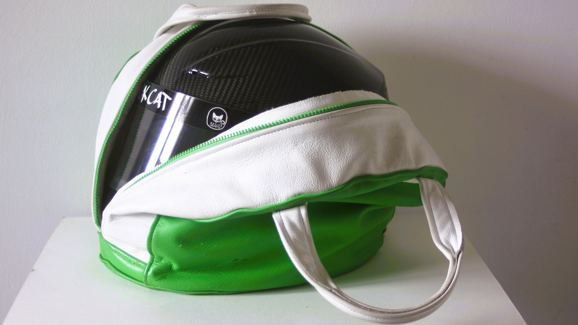 Multi coloured custom made to measure helmet bag green and white